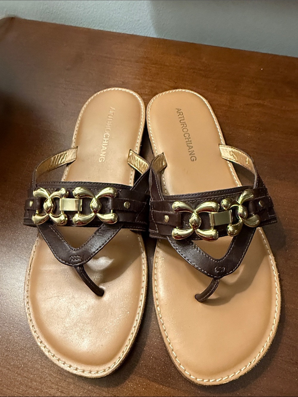 Arturo Chiang Brown Leather Thong Sandals with Gold Chain Detail